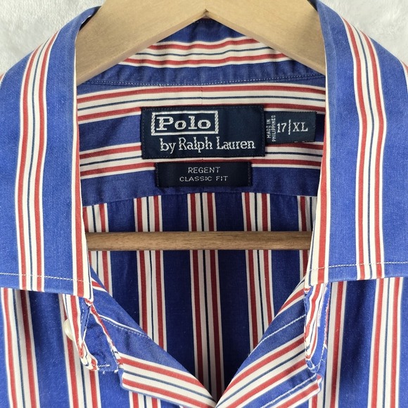 Polo Ralph Lauren Button Up Shirt Regent Classic Fit Red White Blue Stripe 17 XL - Picture 6 of 6
